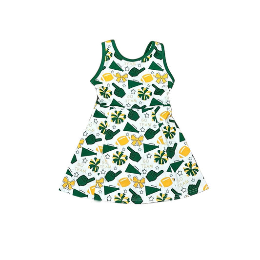 (Pre-order)GSD2844 Go Team Cheer Bows Green Print Girls Summer Knee Length Yoga Dress