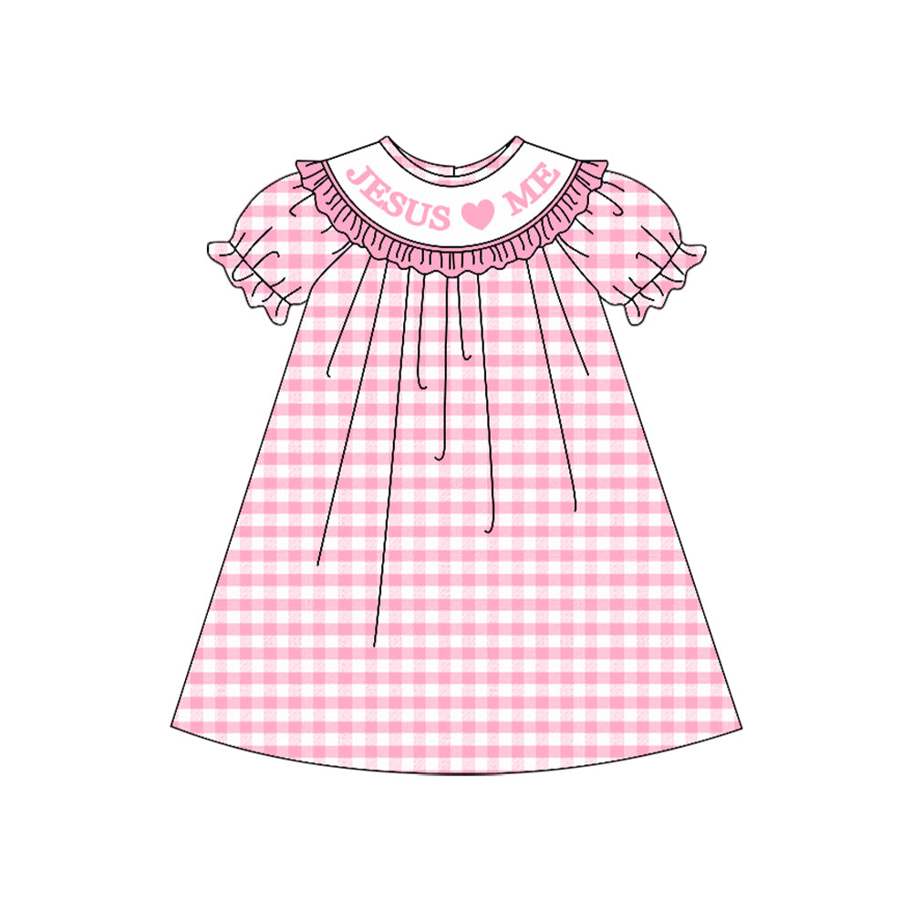 (Pre-order)GSD2846 Jesus Loves Me Pink Plaid Print Girls Easter Knee Length Dress