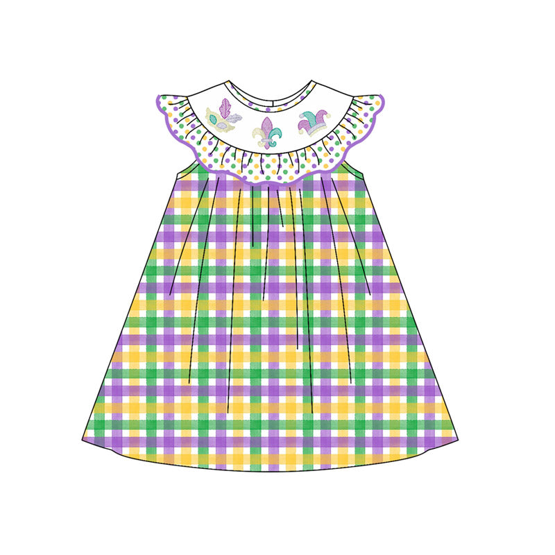 (Pre-order)GSD2849 Anchor Plaid Print Girls Mardi Gras Knee Length Dress