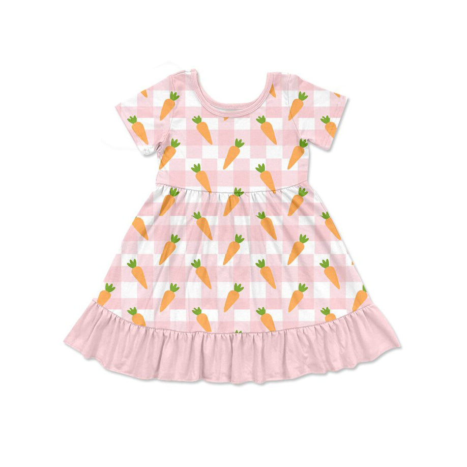 (Pre-order)GSD2850 Carrot Plaid Pink Print Girls Easter Knee Length Dress