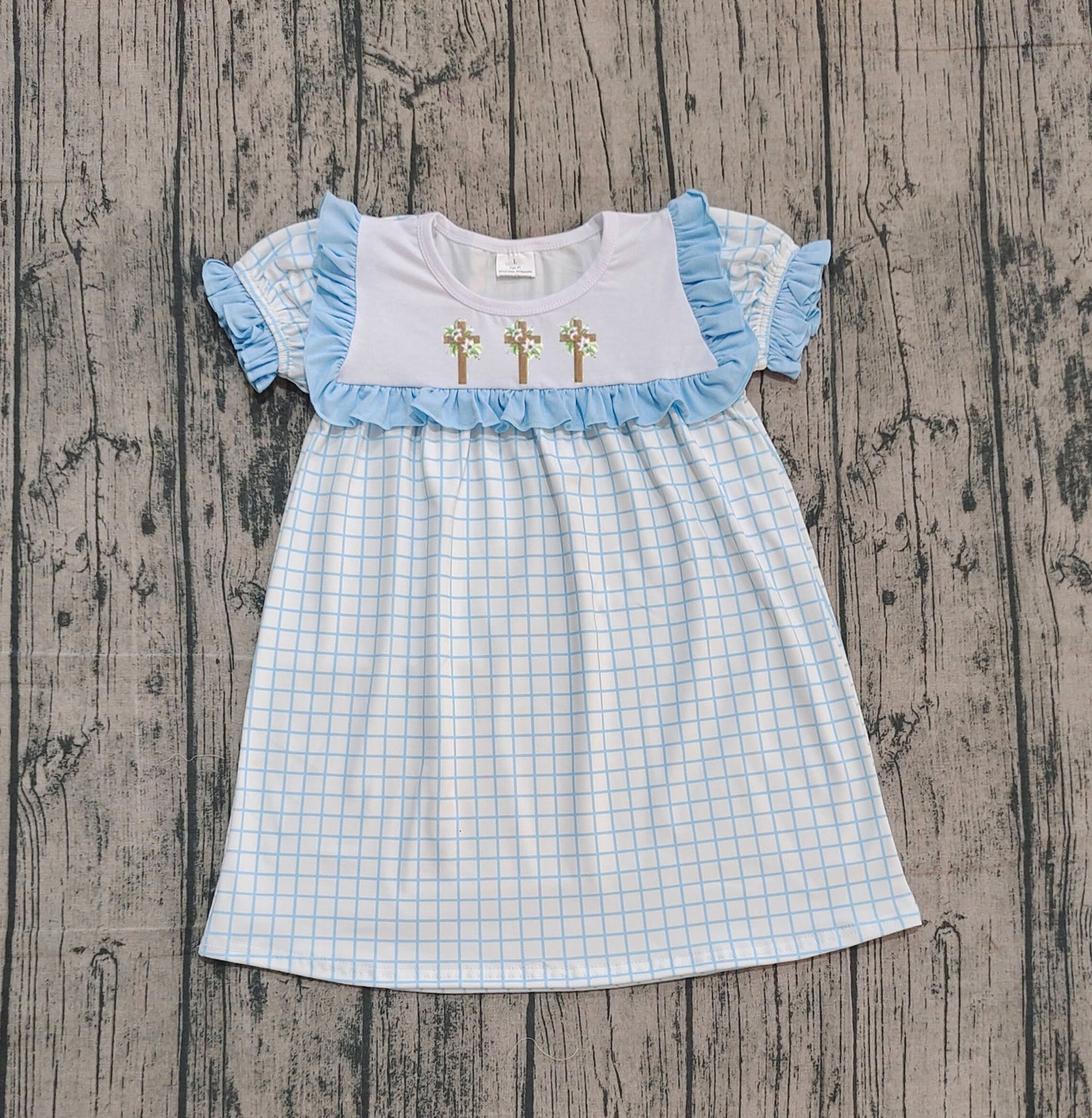 (Pre-order)GSD2851 Cross Blue Plaid Print Girls Easter Knee Length Dress