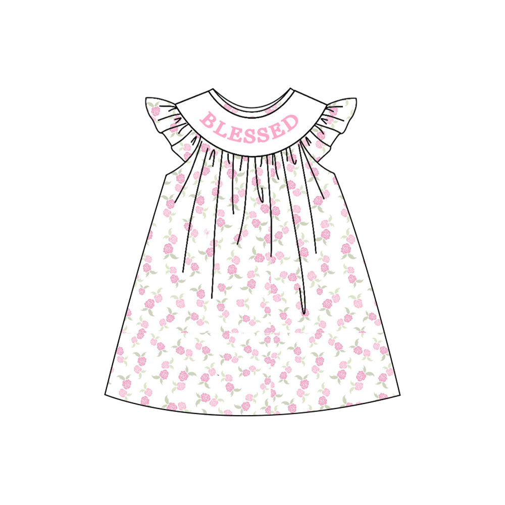 (Pre-order)GSD2856 BLESSED Pink Flowers Print Girls Knee Length Dress