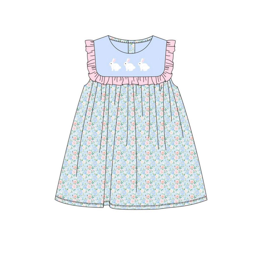 (Pre-order)GSD2861 Bunny Blue Flowers Print Girls Easter Knee Length Dress