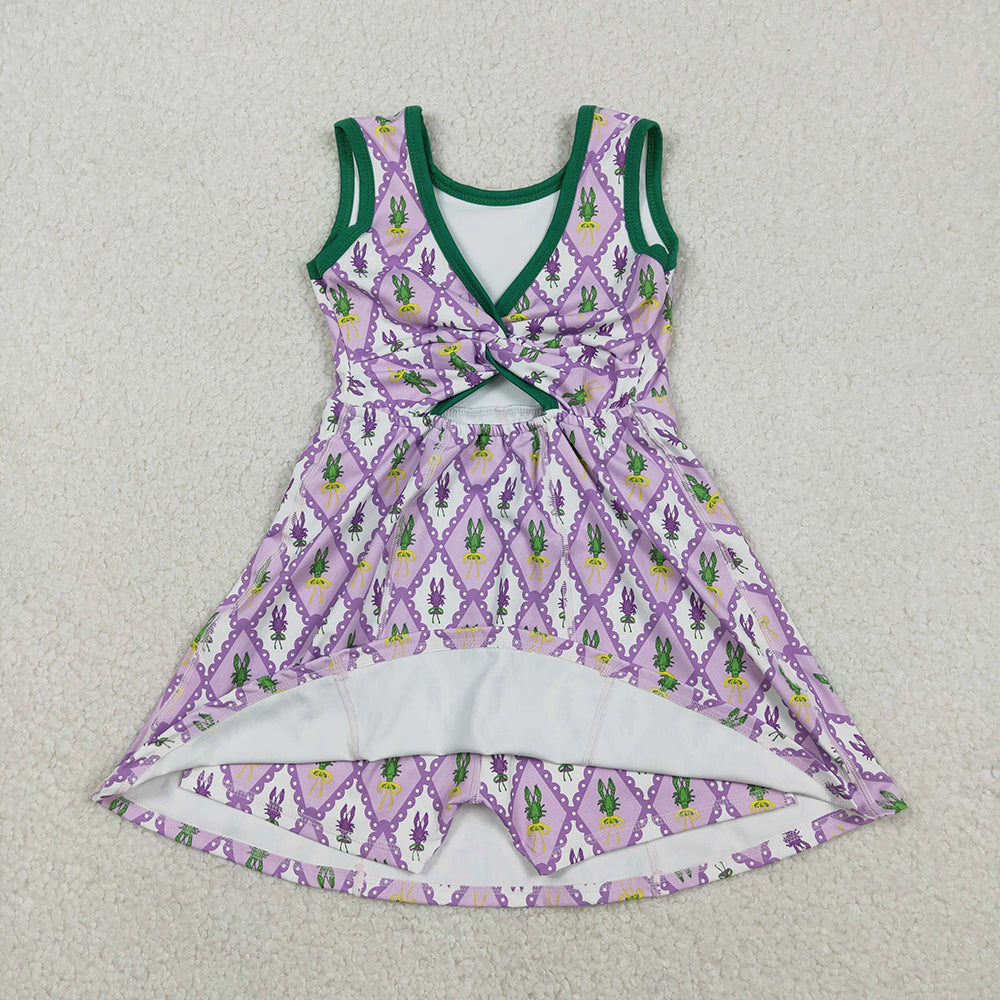 GSD2869 Crayfish Bows Print Girls Mardi Gras Knee Length Yoga Dress