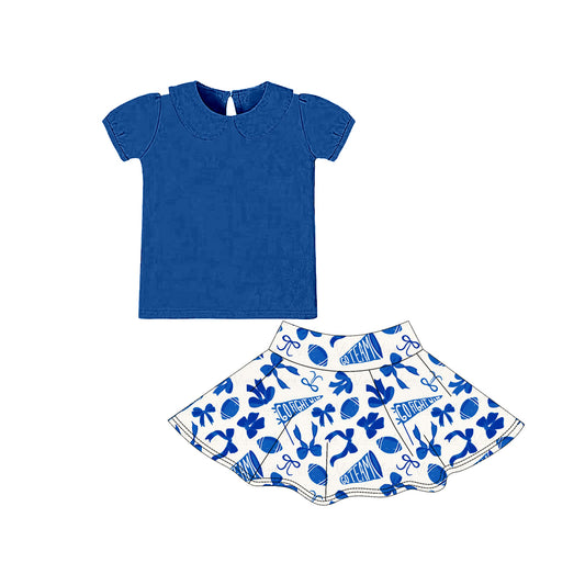(Pre-order)GSD2874 Blue Top Go Team Bows Cheer Skirts Girls Summer Yoga Clothes Set