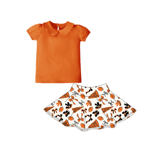 (Pre-order)GSD2875 Orange Top Go Team Bows Cheer Skirts Girls Summer Yoga Clothes Set
