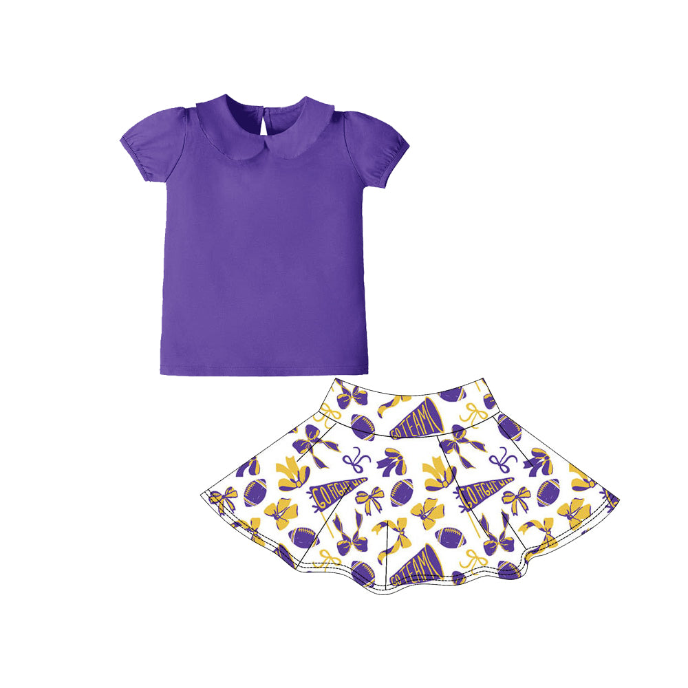 (Pre-order)GSD2878 Purple Top Go Team Bows Cheer Skirts Girls Summer Yoga Clothes Set