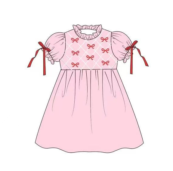 (Pre-order)GSD2883 Red Bows Pink Print Girls Valentine's Day Knee Length Dress