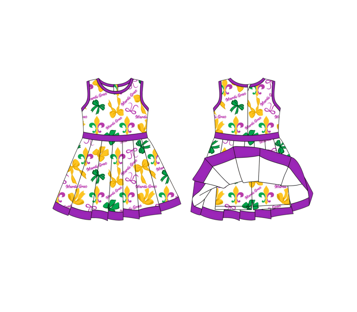 (Pre-order)GSD2885 Anchor Bows Print Girls Mardi Gras Zipper Knee Length Yoga Dress