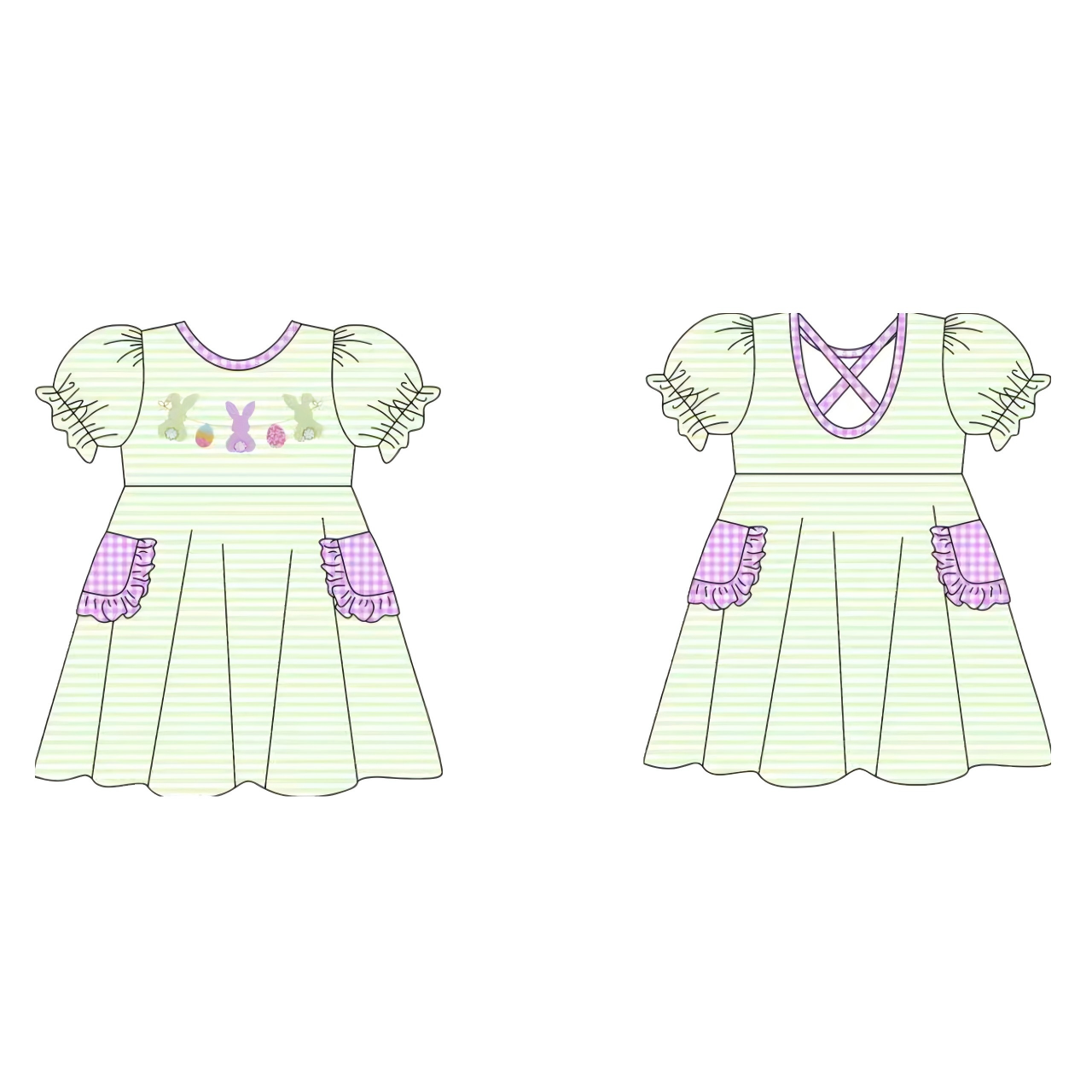 (Pre-order)GSD2889 Eggs Bunny Stripes Print Girls Easter Knee Length Dress