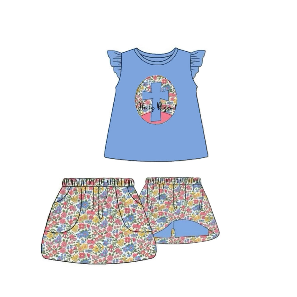 (Pre-order)GSD2892 Cross Blue Top Flowers Skirts Shorts Girls Easter Clothes Set