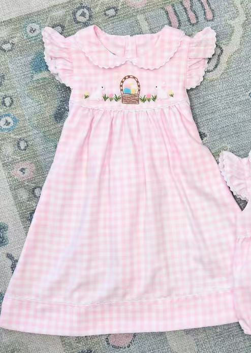 (Pre-order)GSD2913 Eggs Flowers Pink Plaid Print Girls Easter Knee Length Dress