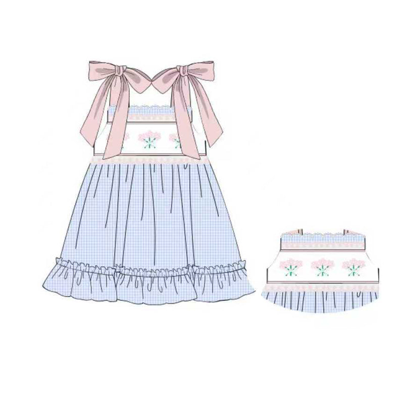(Pre-order)GSD2916 Pink Flowers Blue Plaid Print Girls Strap Summer Knee Length Dress