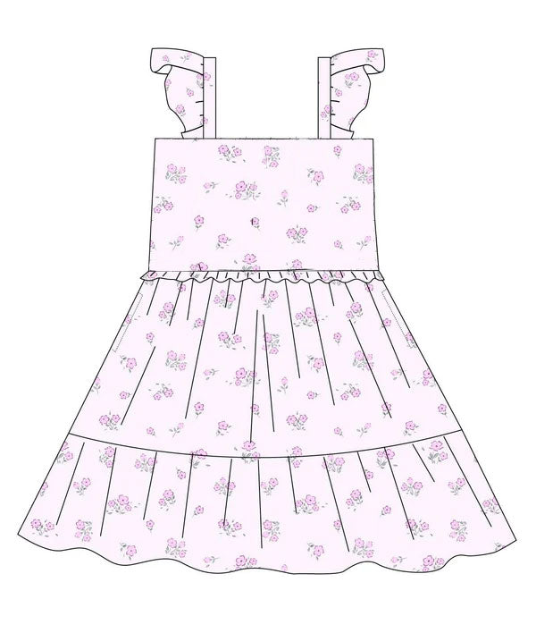 (Pre-order)GSD2931 Pink Small Flowers Print Girls Summer Knee Length Dress