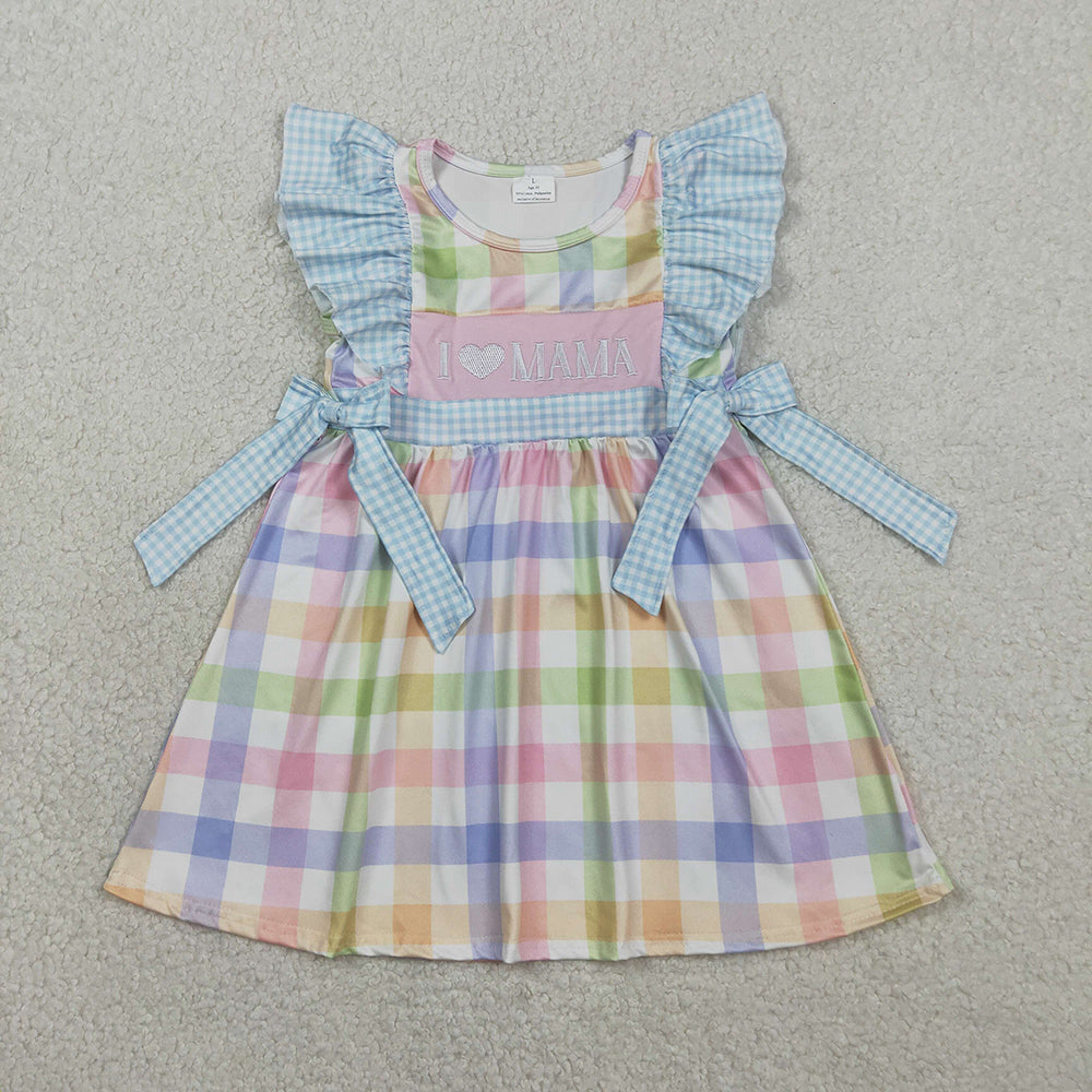 GSD2940 I LOVE MAMA Embroidery Colorful Plaid Print Girls Summer Knee Length Dress