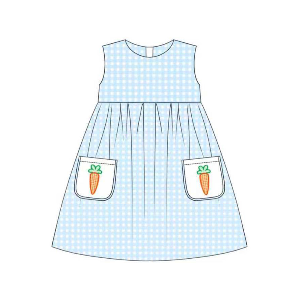 (Pre-order)GSD2941 Carrot Blue Plaid Print Pockets Girls Easter Knee Length Dress