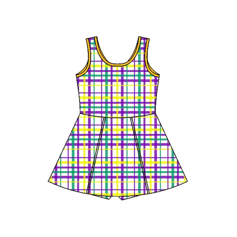 (Pre-order)GSD2945 Plaid Print Girls Mardi Gras Knee Length Yoga Dress