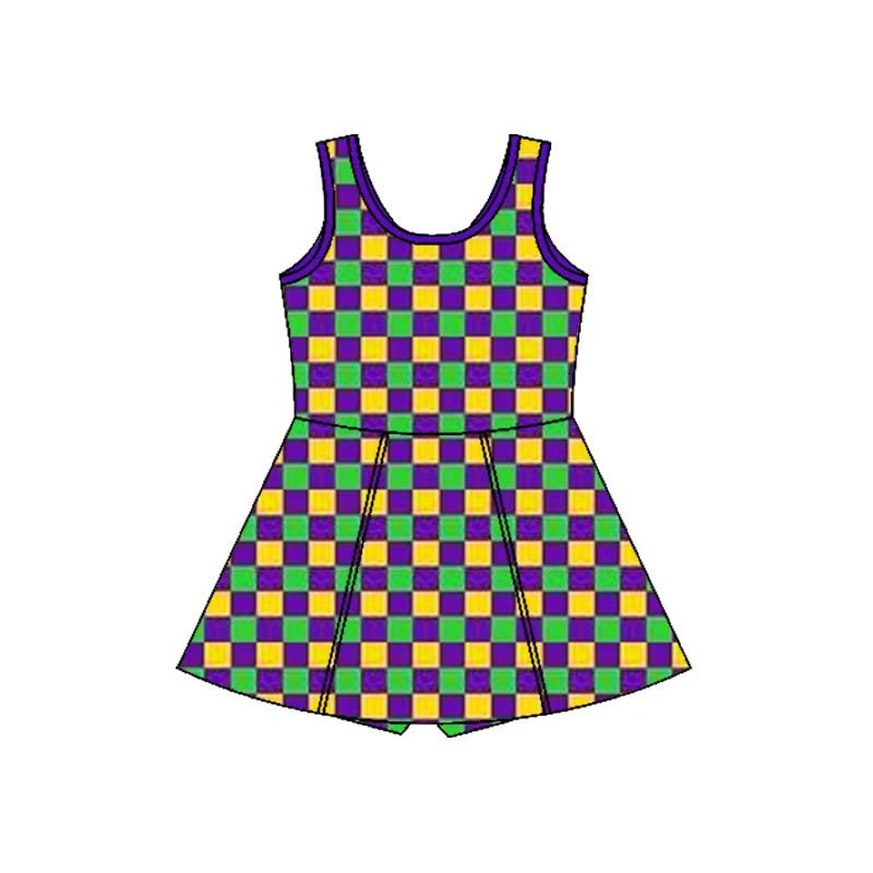 (Pre-order)GSD2946 Plaid Print Girls Mardi Gras Knee Length Yoga Dress