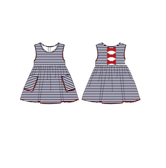 (Pre-order)GSD2953 Navy Stripes Print Pockets Girls 4th of July Knee Length Dress