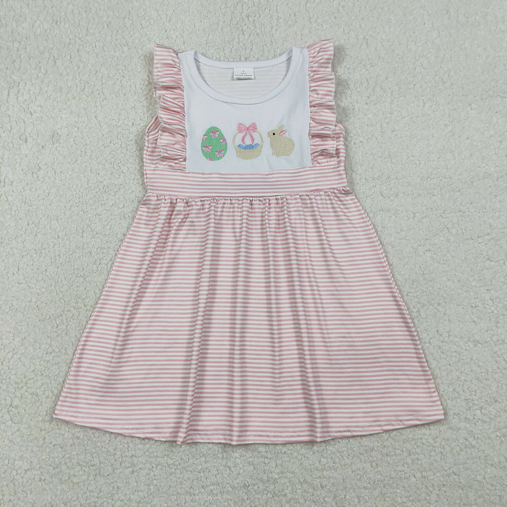 GSD2957 Egg Bunny Embroidery Stripes Print Girls Easter Knee Length Dress