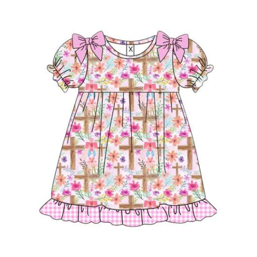 (Pre-order)GSD2959 Colorful Flowers Cross Print Girls Easter Knee Length Dress