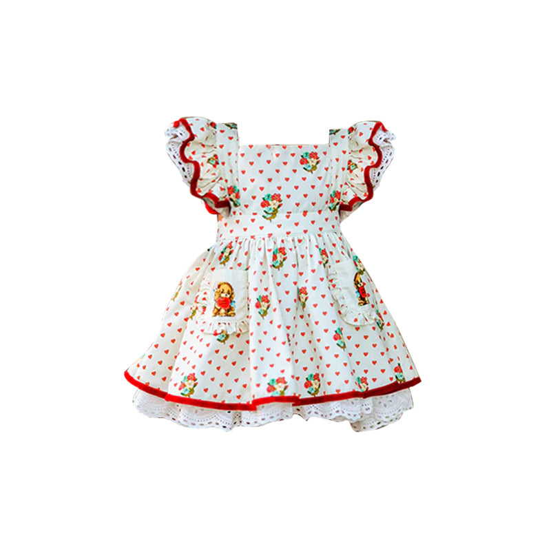 (Pre-order)GSD2963 Flowers Heart Print Puppy Pockets Girls Valentine's Day Knee Length Dress