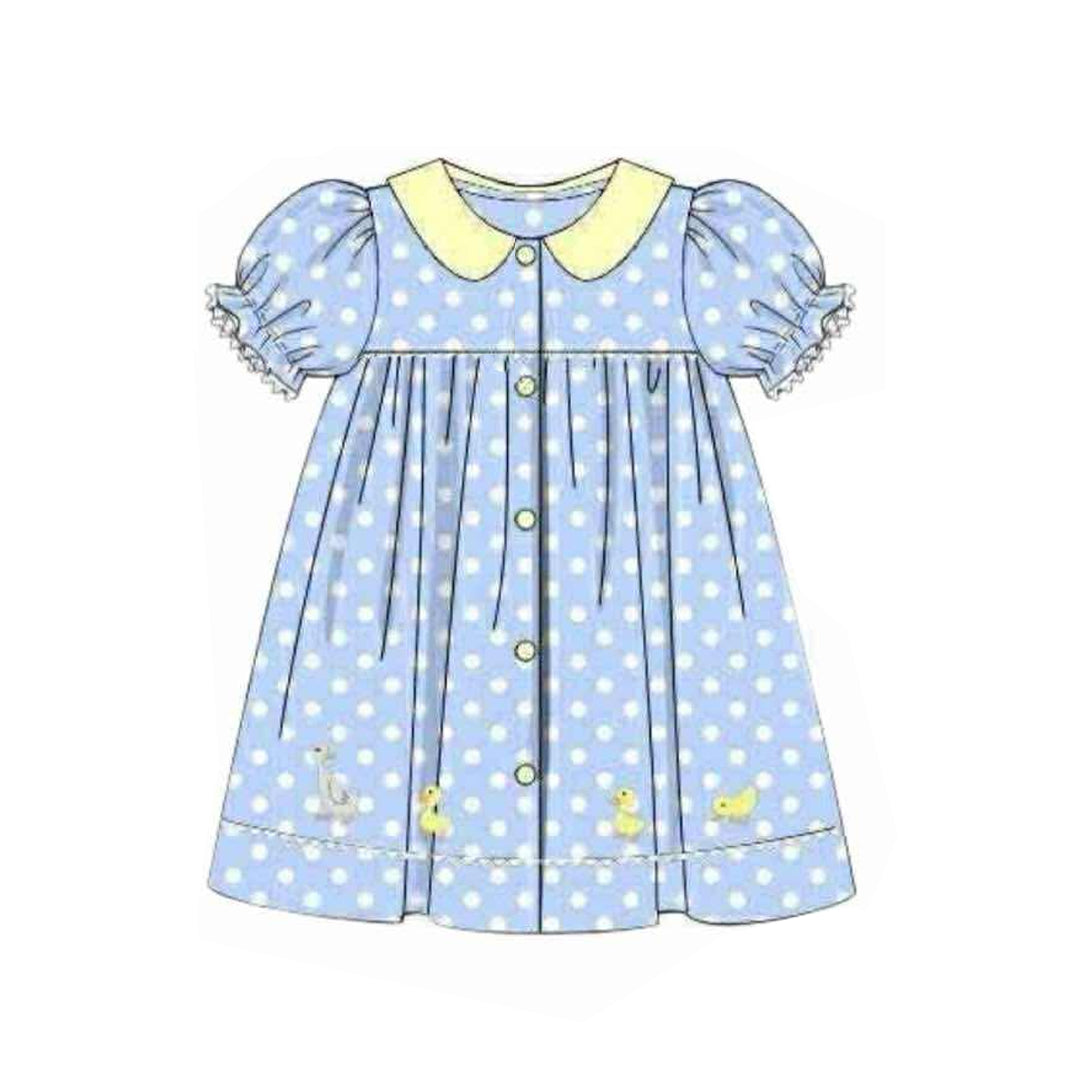 (Pre-order)GSD2971 Duck Dots Print Girls Summer Knee Length Dress