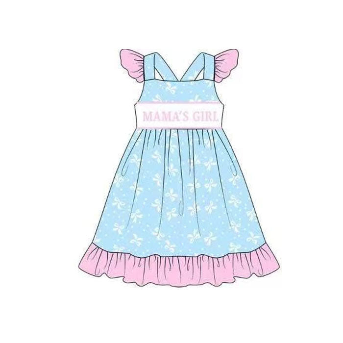(Pre-order)GSD2979 MAMA'S GIRL Blue Bows Print Girls Summer Knee Length Dress