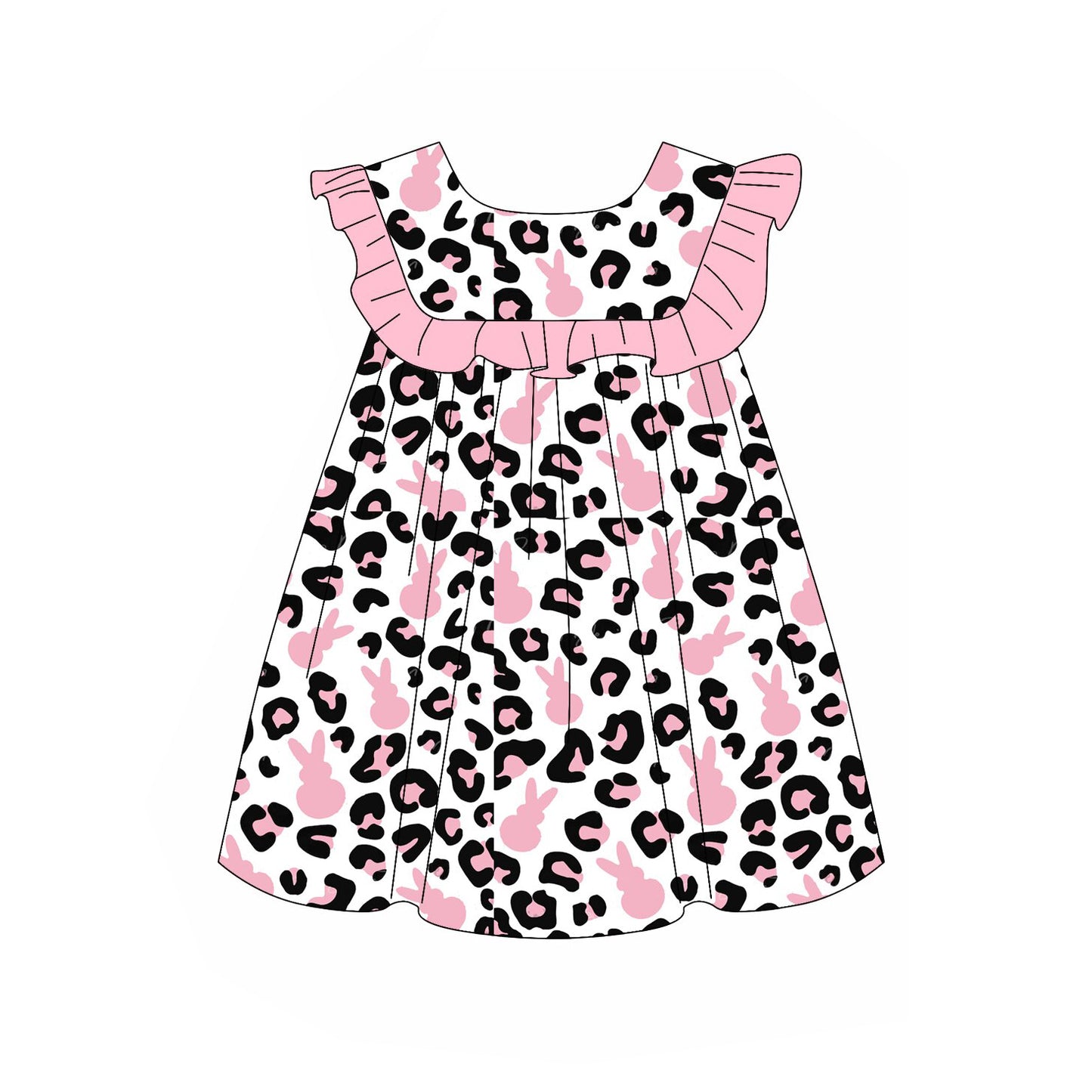 (Pre-order)GSD2981 Pink Bunny Leopard Print Girls Easter Knee Length Dress
