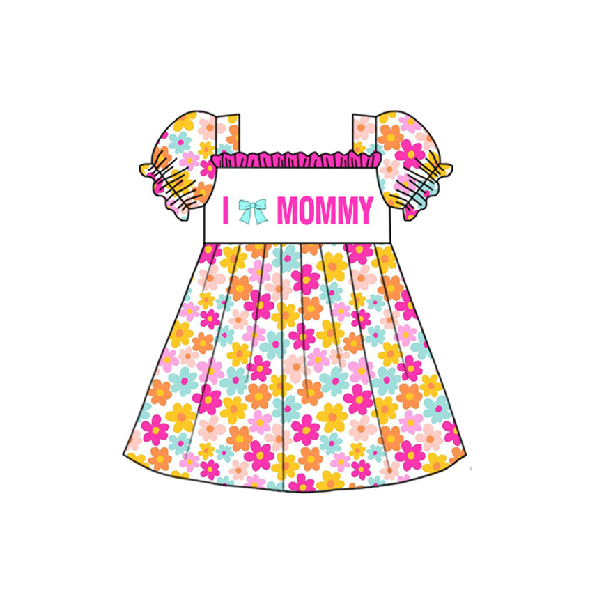 (Pre-order)GSD2982 I LOVE MOMMY Colorful Flowers Print Girls Summer Knee Length Dress