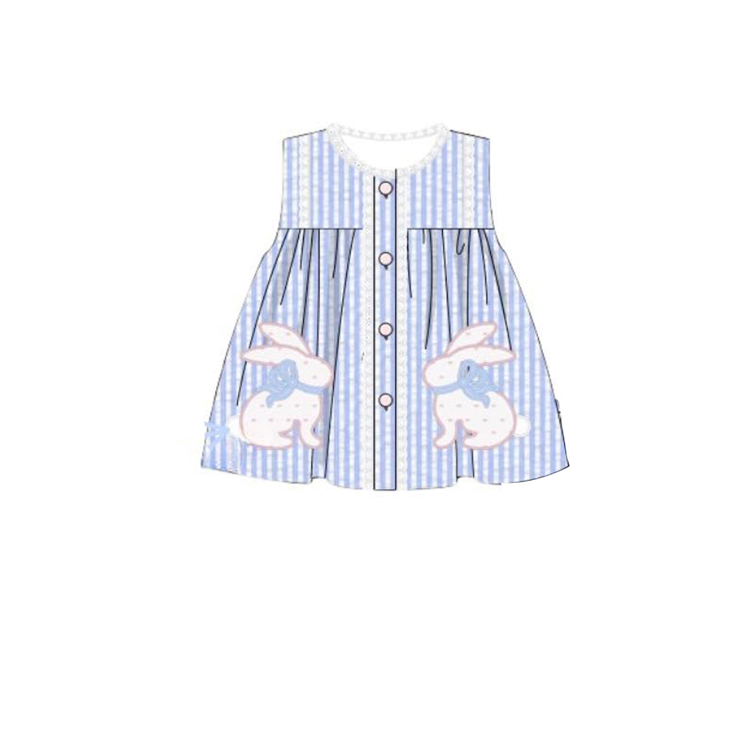 (Pre-order)GSD2993 Bunny Blue Stripes Print Girls Easter Knee Length Dress