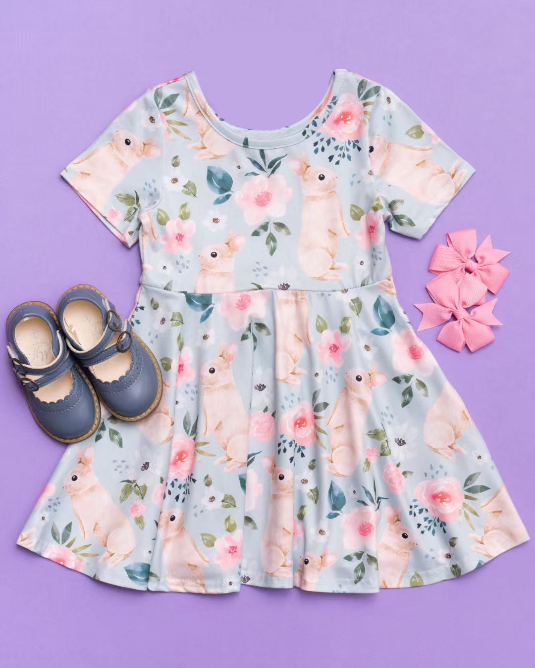 (Pre-order)GSD2994 Bunny Flowers Print Girls Easter Knee Length Dress