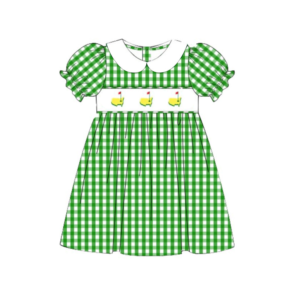(Pre-order)GSD2998 Golf Green Plaid Print Girls Summer Knee Length Dress