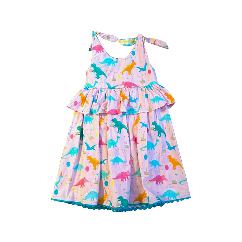 (Pre-order)GSD3007 Colorful Dino Cake Print Girls Summer Happy Birthday Knee Length Dress