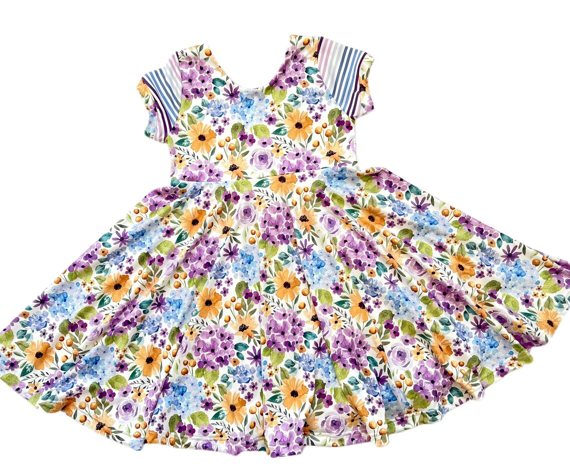 (Pre-order)GSD3019 Purple Flowers Print Girls Summer Knee Length Dress