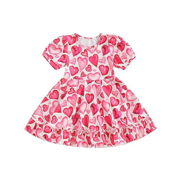 (Pre-order)GSD3021 Heart Pink Print Girls Valentine's Day Knee Length Dress