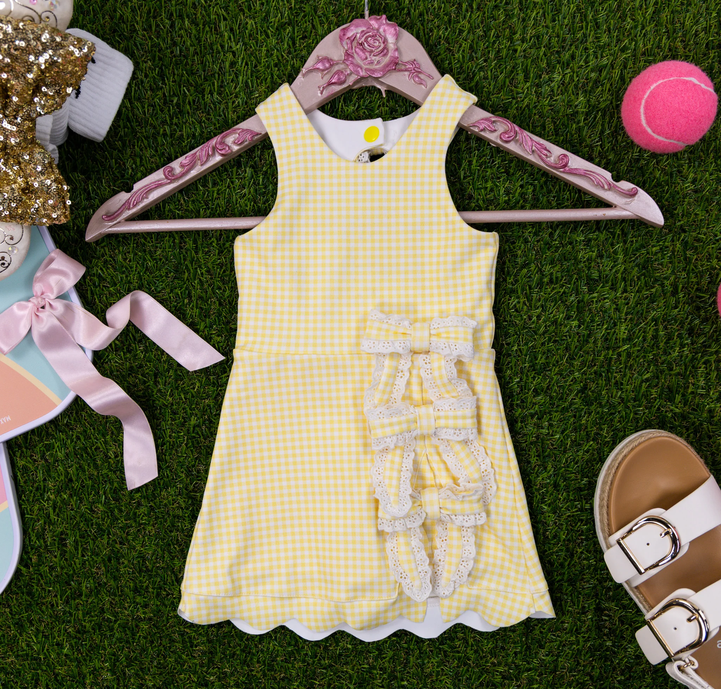 (Pre-order)GSD3027 Yellow Plaid Print Bows Girls Summer Knee Length Yoga Dress