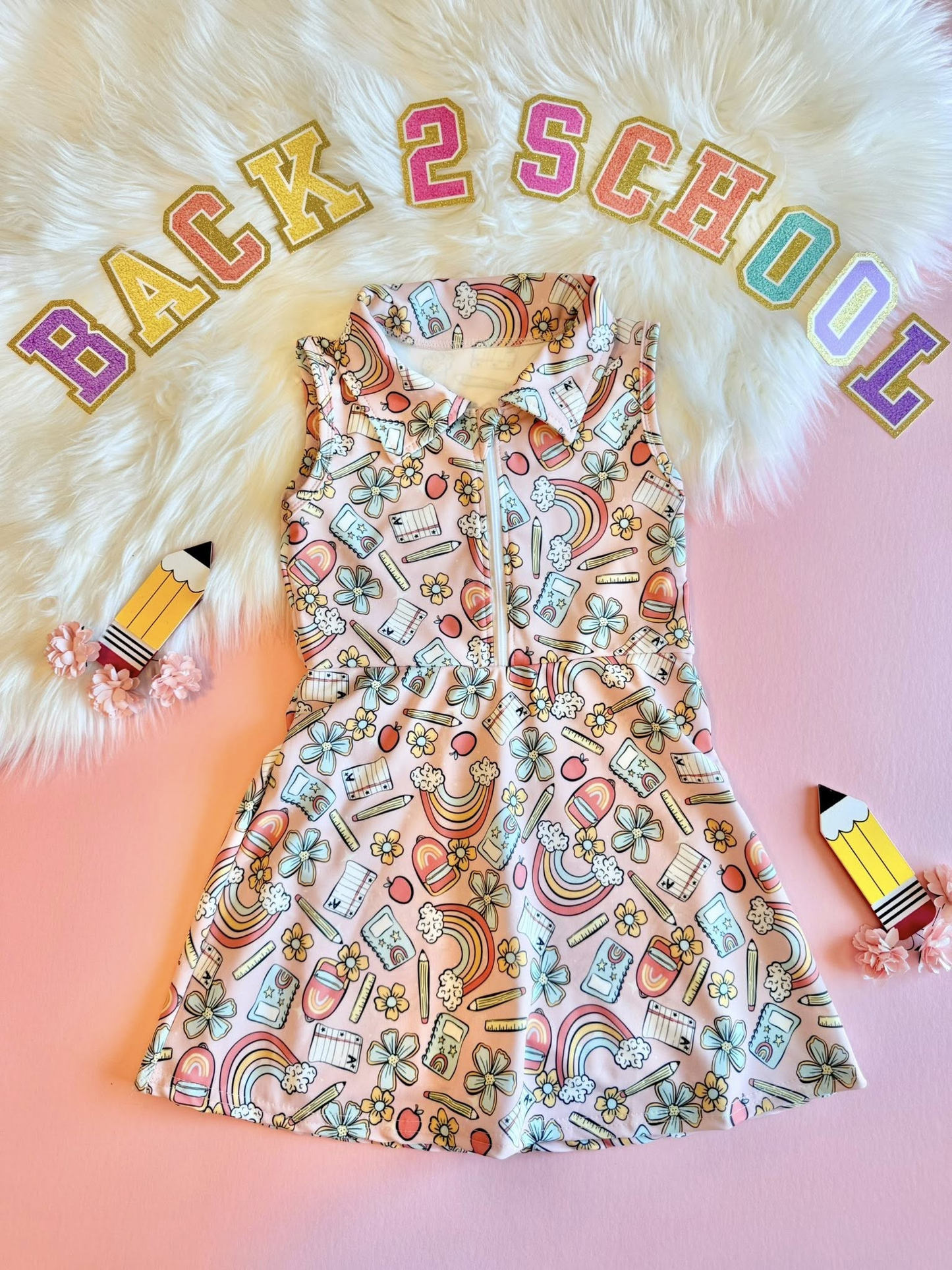 (Pre-order)GSD3038 Rainbow Pen Flowers Print Girls Back to School Knee Length Yoga Dress