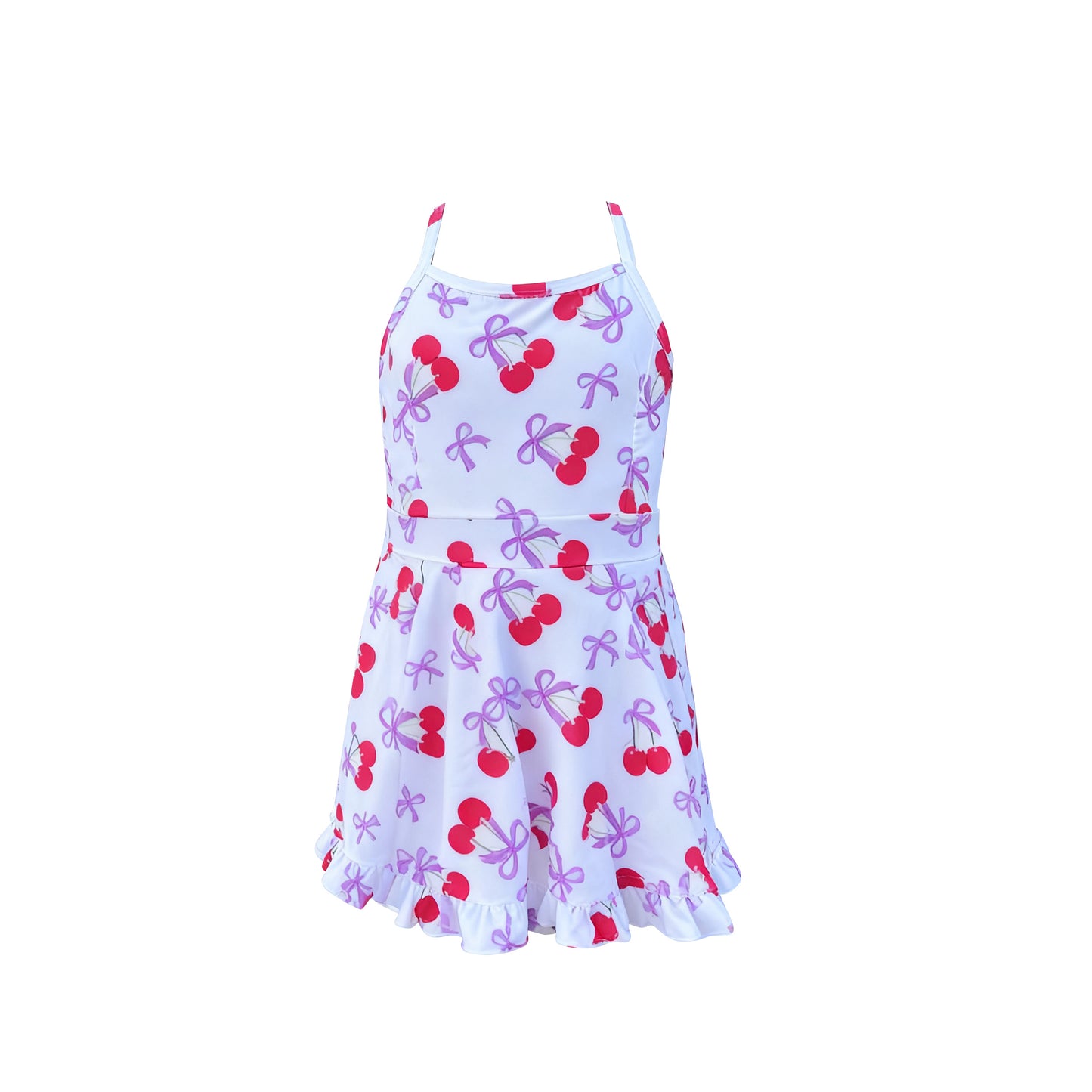 (Pre-order)GSD3069 Cherry Bows Print Girls Summer Knee Length Yoga Dress