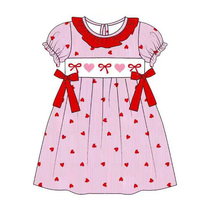 (Pre-order)GSD3079 Heart Pink Bows Stripes Print Girls Valentine's Day Knee Length Dress
