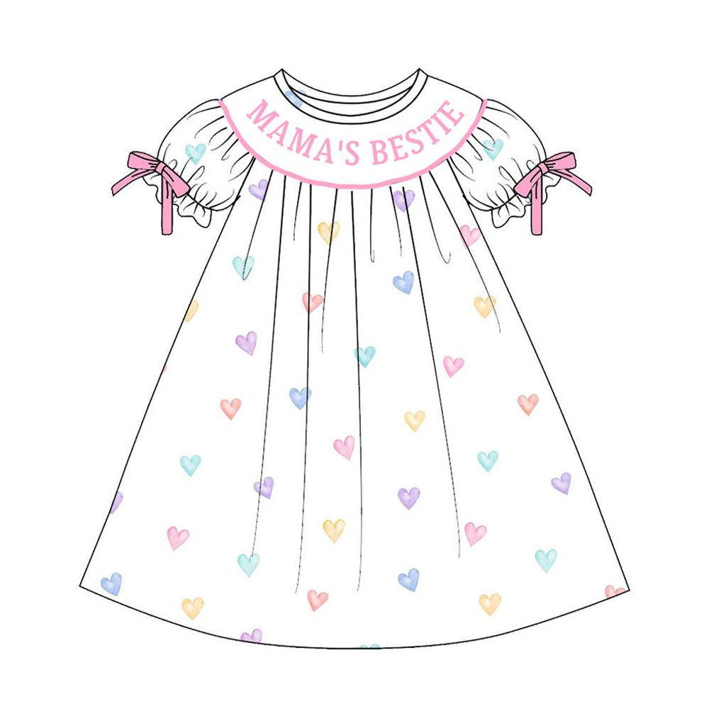 (Pre-order)GSD3082 MAMA'S BESTIE Colorful Heart Print Girls Valentine's Day Knee Length Dress
