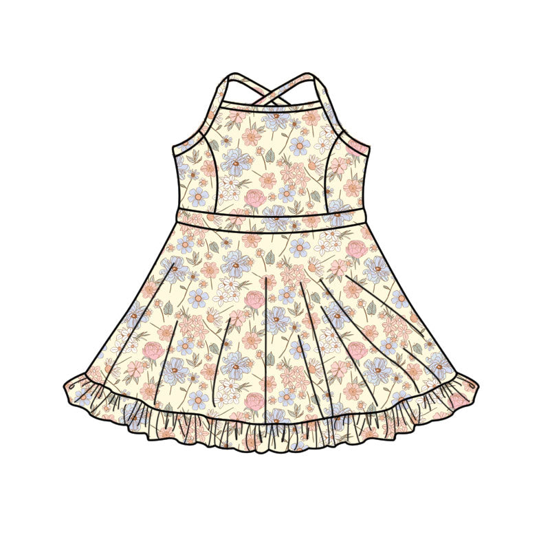 (Pre-order)GSD3088 Pink Blue Flowers Print Girls Summer Knee Length Yoga Dress