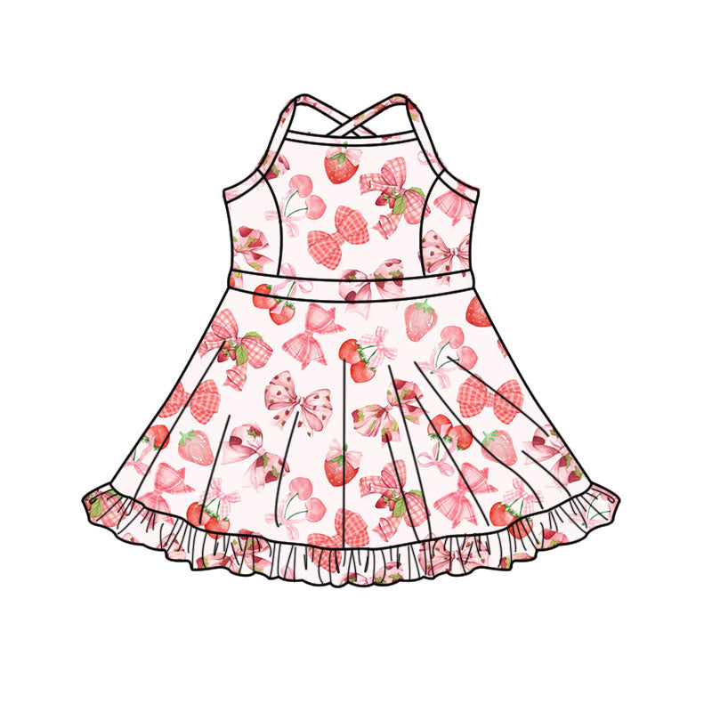 (Pre-order)GSD3090 Strawberry Cherry Bows Print Girls Summer Knee Length Yoga Dress