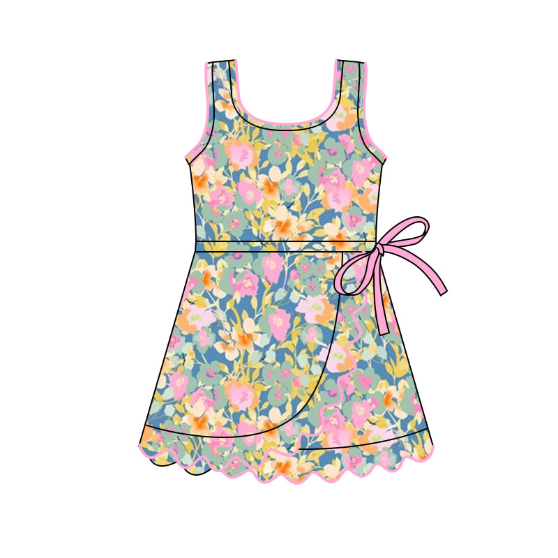 (Pre-order)GSD3096 Pink Flowers Print Girls Summer Knee Length Yoga Dress