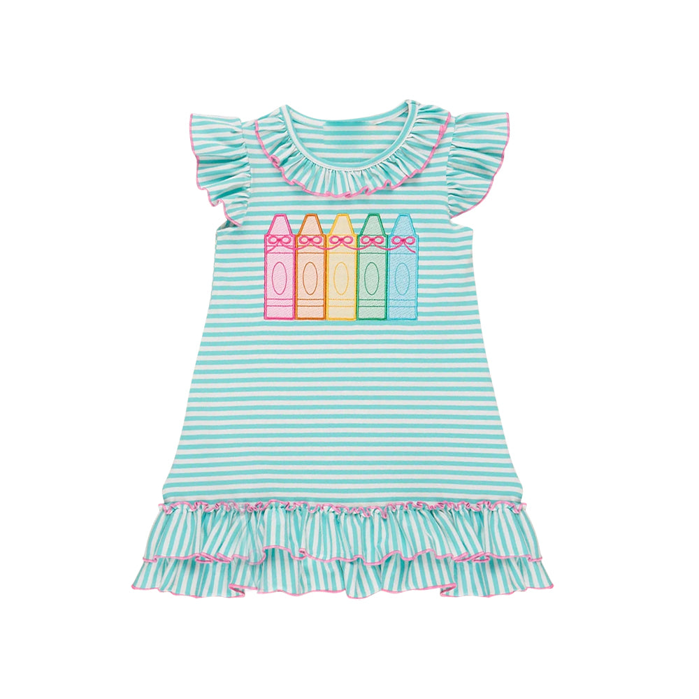 (Pre-order)GSD3104 Pen Green Stripes Print Girls Back to School Knee Length Dress
