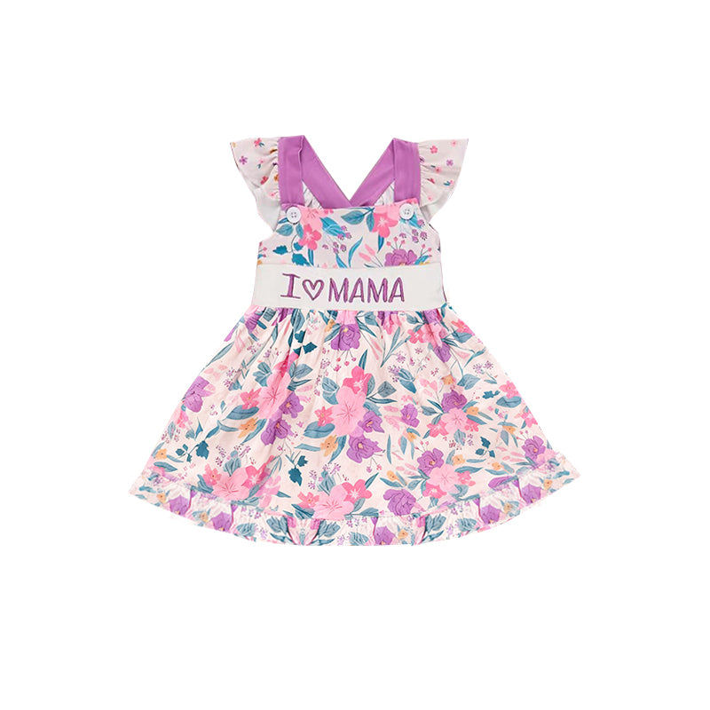 (Pre-order)GSD3116 I LOVE MAMA Flowers Print Girls Summer Knee Length Dress