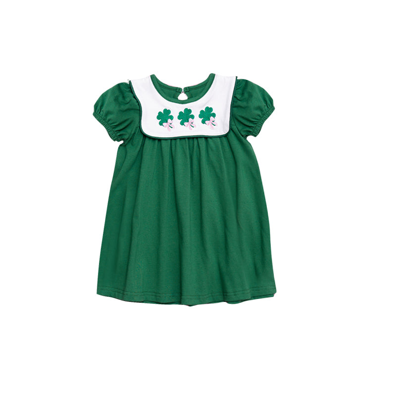 (Pre-order)GSD3117 Leaf Bows Green Print Girls St. Patrick's Day Knee Length Dress