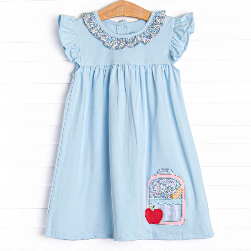 (Pre-order)GSD3118 Flowers Apple Blue Print Girls Back to School Knee Length Dress