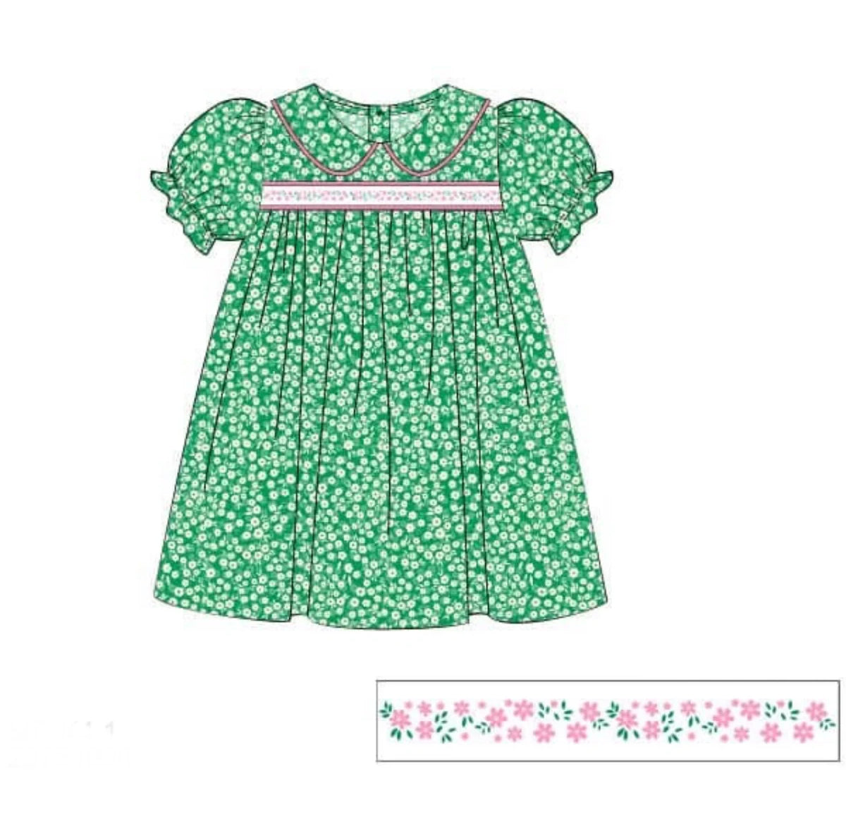 (Pre-order)GSD3124 Small Flowers Green Print Girls Summer Knee Length Dress