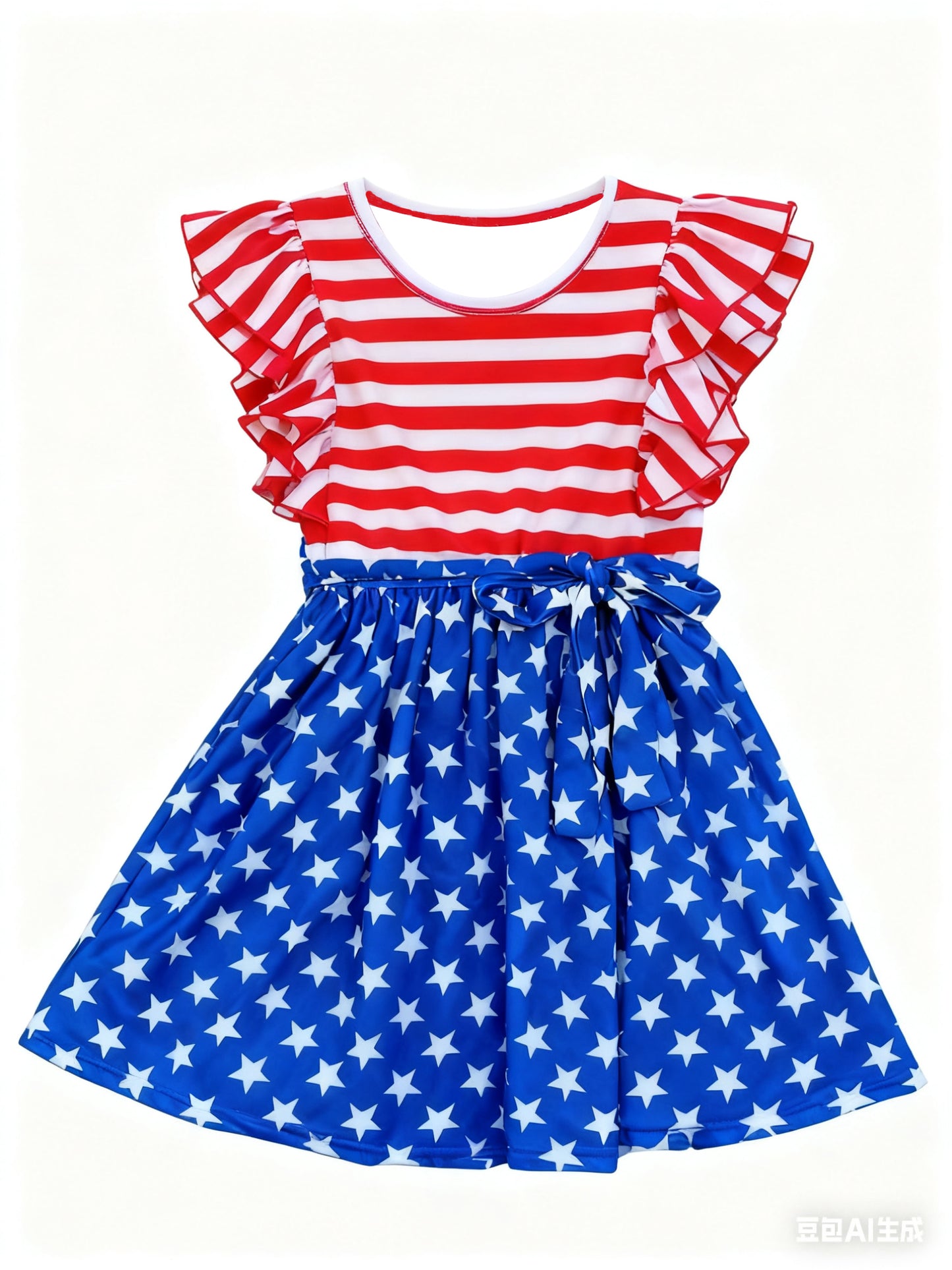 (Pre-order)GSD3130 Stripes Stars Print Girls 4th of July Knee Length Dress